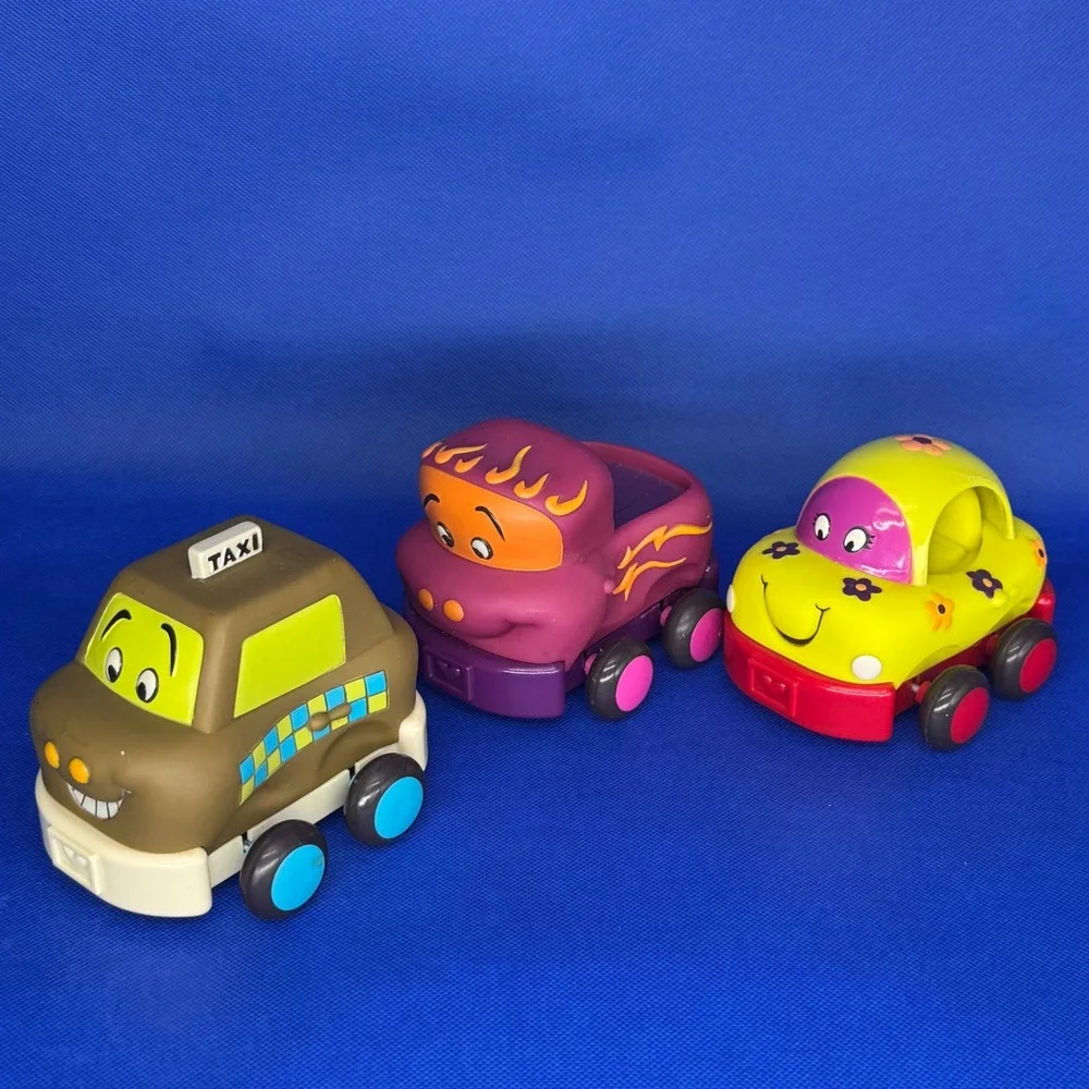 Battat B Wheeee-ls Soft Toy Cars Lot-3 Taxi Truck Flower Bug Pull Back Toddler
